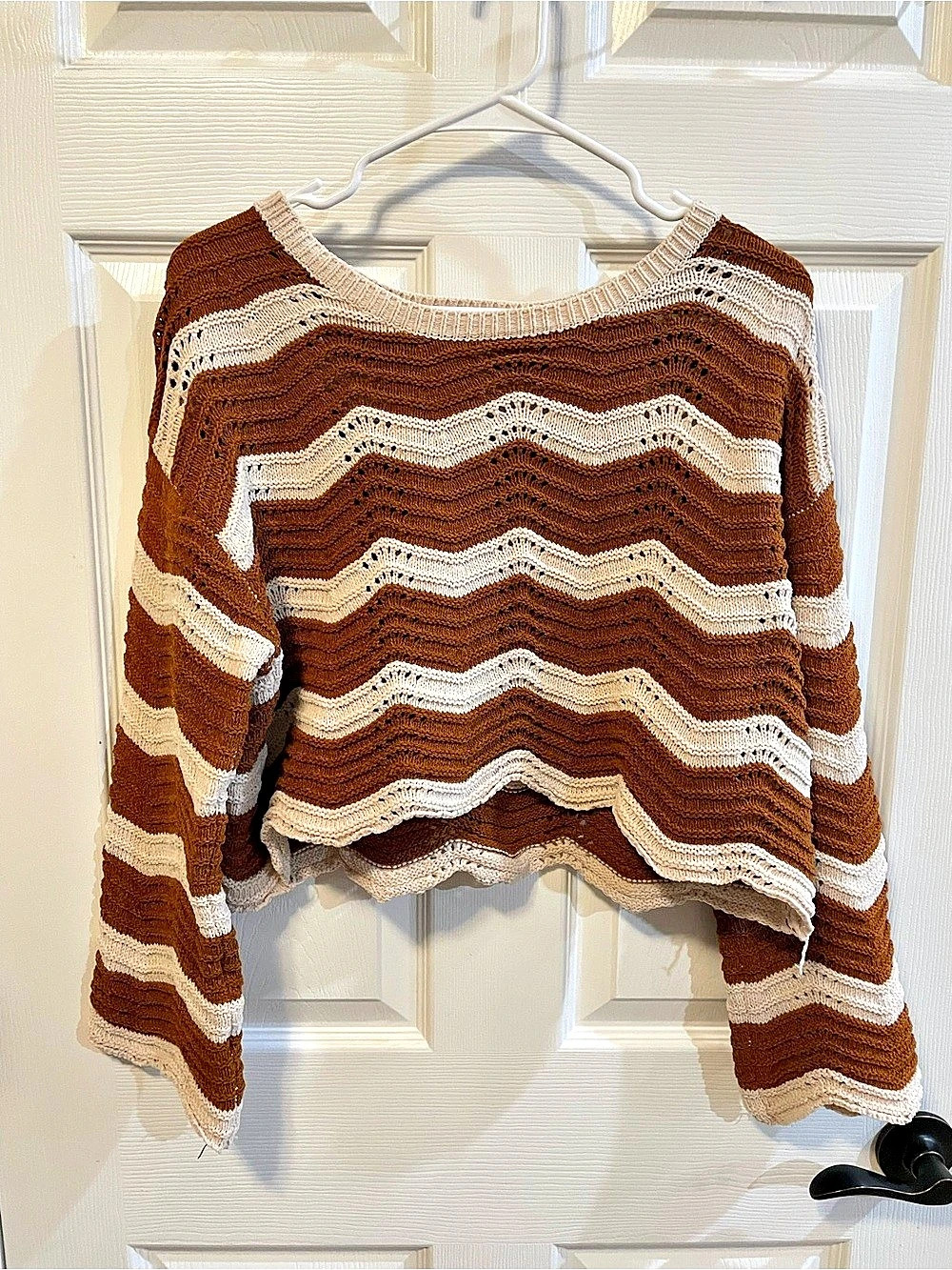 Altar’d State XS Brown Cream Crochet Crop Sweater Bell Sleeve